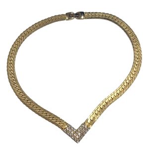 Vtg Gold Tone Clear Rhinestones Cocktail Collar Necklace 16.5" Foldover Clasp